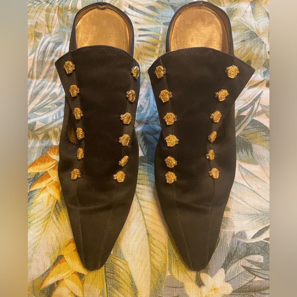 Versace Black Satin Pointed-Toe Slip-On Mules with Gold Medusa Accents